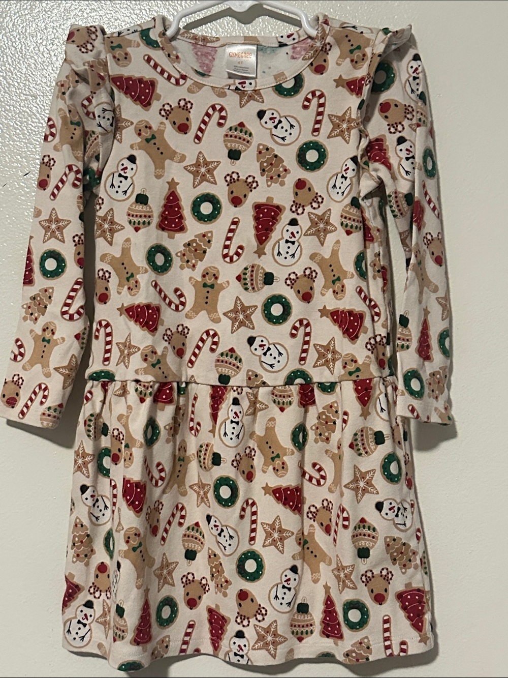 Gymboree Beige Holiday Print Long-Sleeve Dress with Red and Green Accents